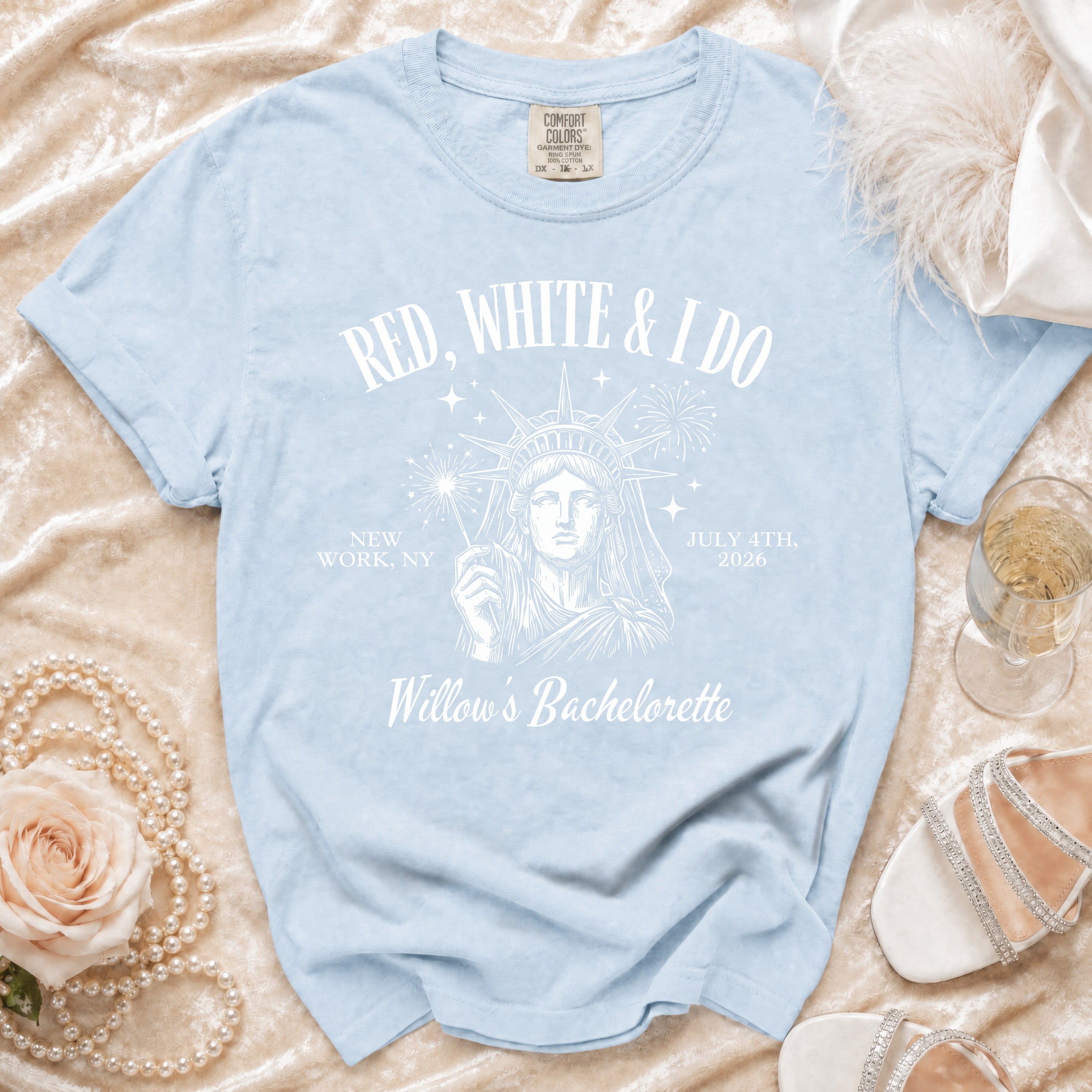 Light blue t-shirt with "Red, White & I Do" and Willow's Bachelorette design.