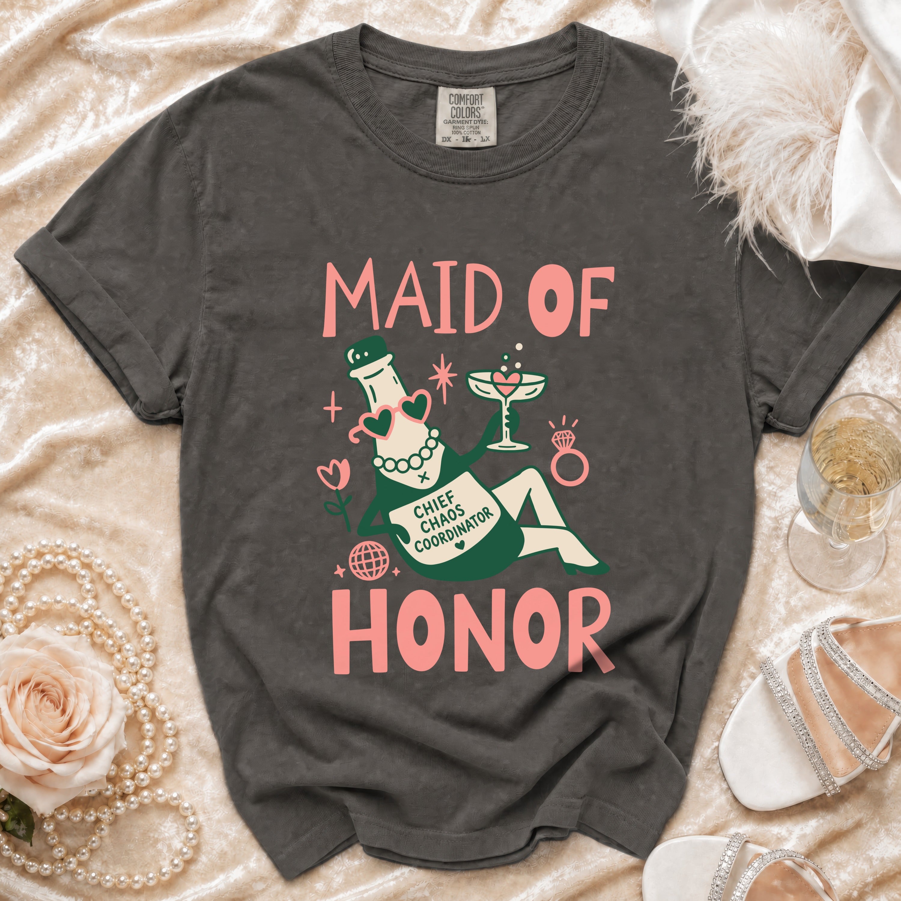 Dark grey t-shirt with "Maid of Honor" text and cartoon graphics.