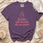 Purple t-shirt with "bride: till death do us part" text and ghost bride graphic.
