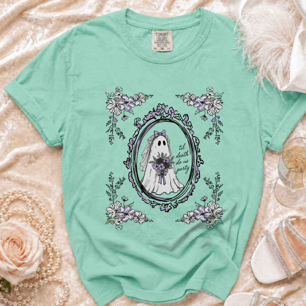 Aqua t-shirt with a bride ghost design and floral accents.