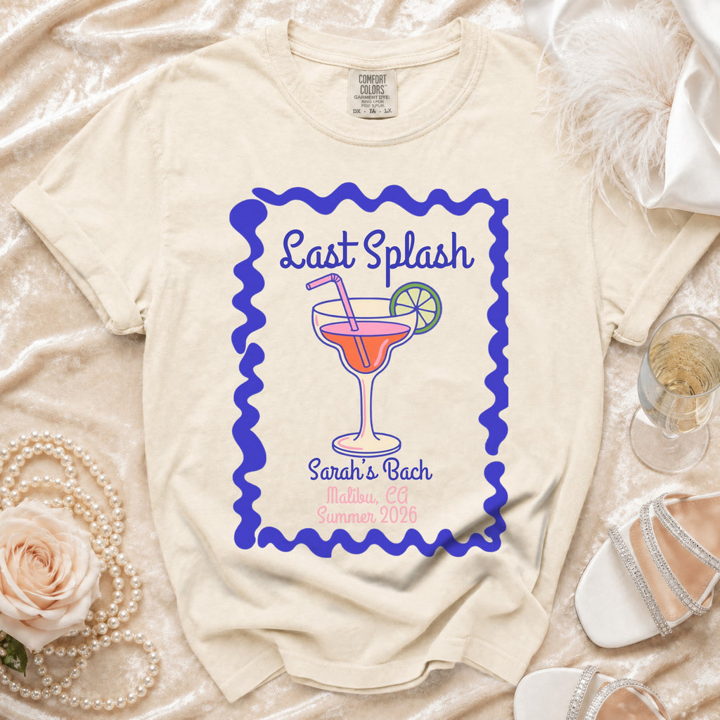 Cream t-shirt with blue border graphic, "Last Splash Sarah's Bach Malibu, CA Summer 2026".