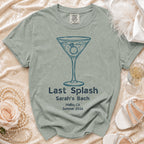 "Last Splash Sarah's Bach" text on t-shirt with cocktail glass and ring.
