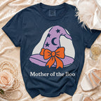 Navy t-shirt with a graphic of a purple witch hat and the text "Mother of the Boo".