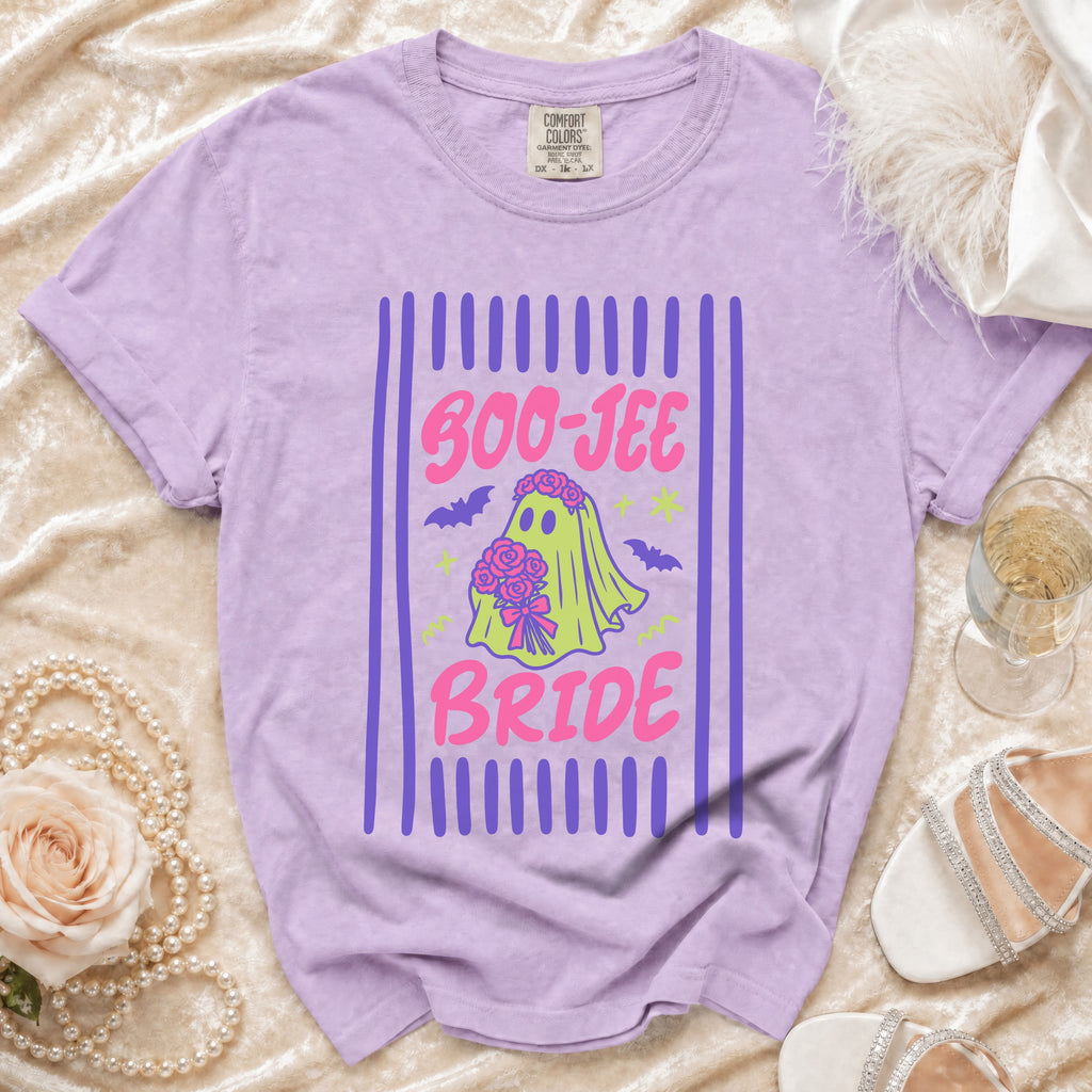 Purple t-shirt with "Boo-Jee Bride" text and a ghost holding flowers.