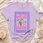 Purple t-shirt with "Boo-Jee Bride" text and a ghost holding flowers.