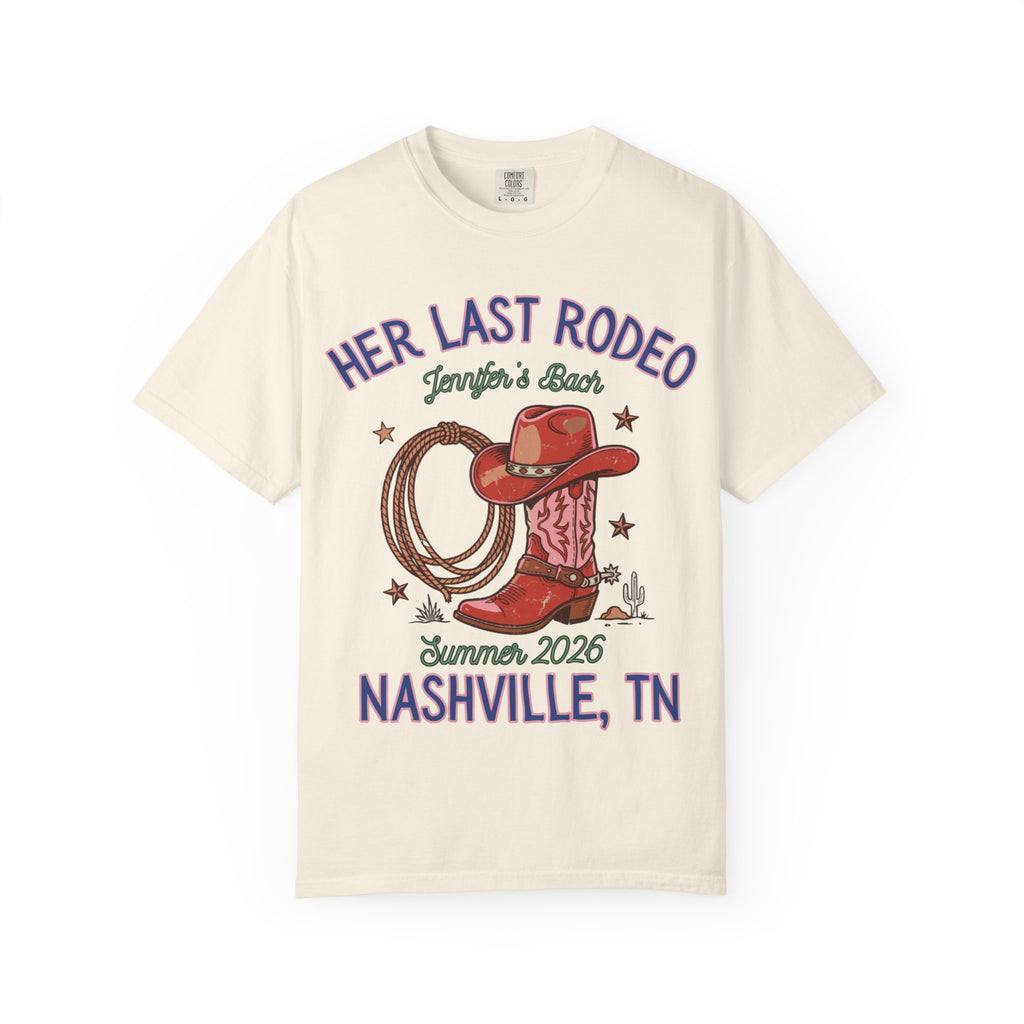 T-shirt graphic with "Her Last Rodeo" and Nashville, TN text.