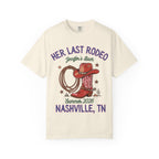 T-shirt graphic with "Her Last Rodeo" and Nashville, TN text.