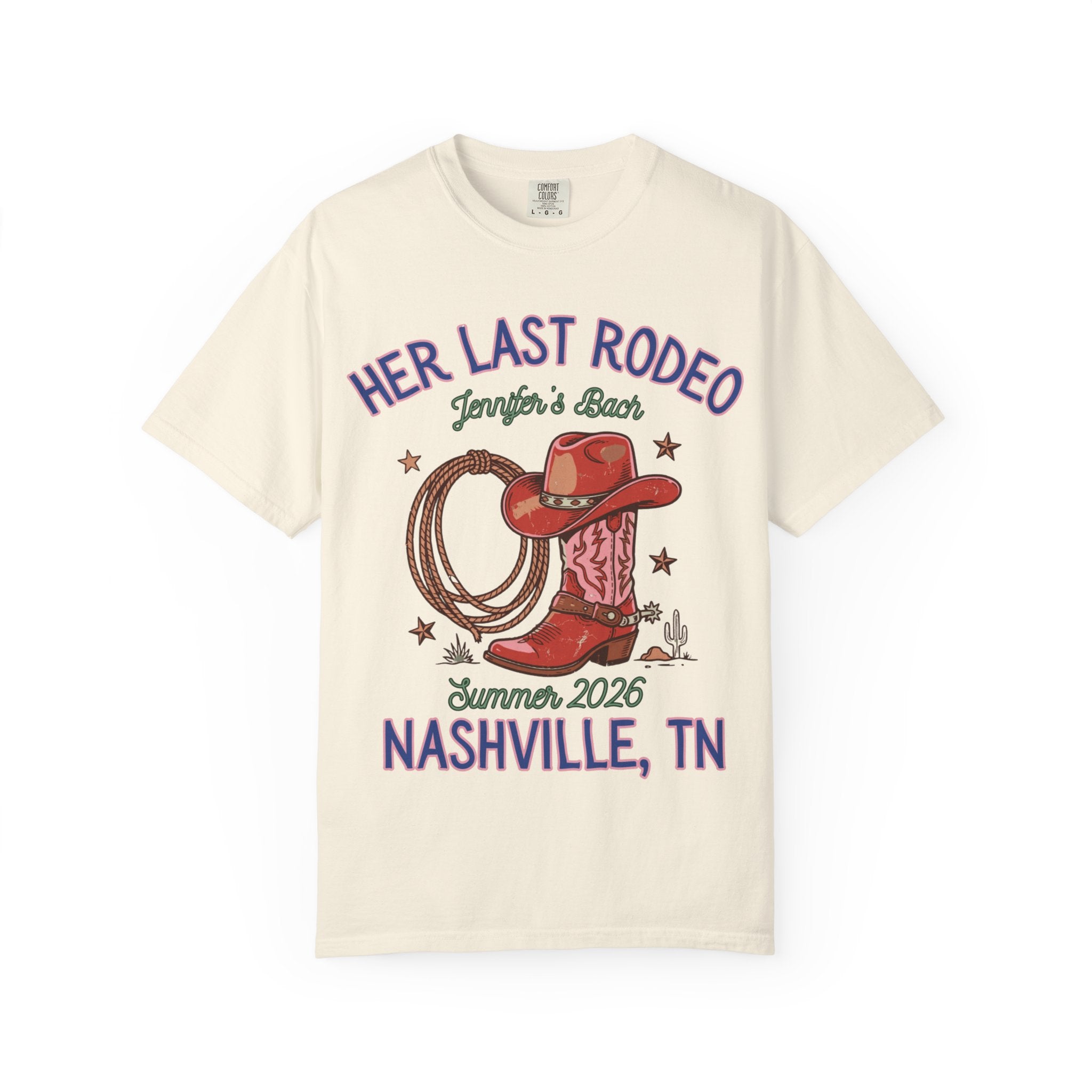 T-shirt graphic with "Her Last Rodeo" and Nashville, TN text.