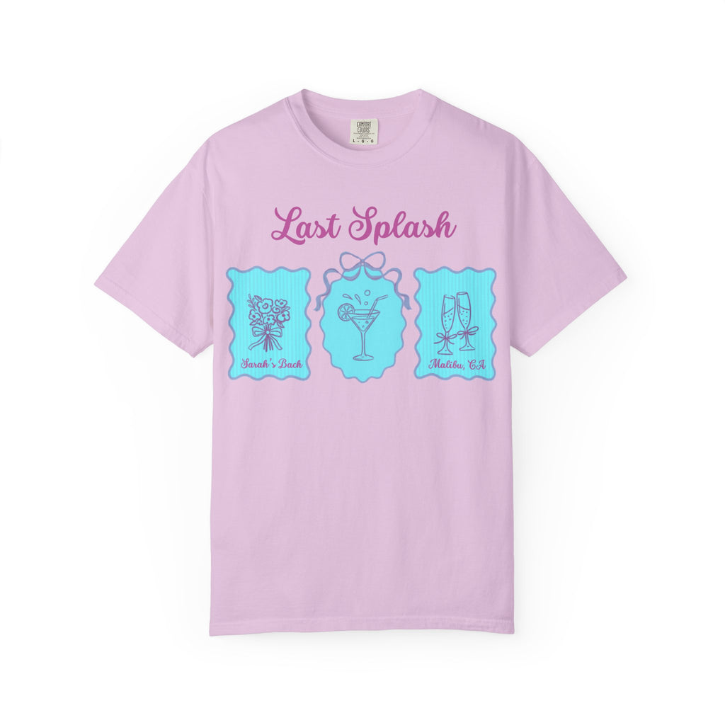 Lavender t-shirt with "Last Splash" and icons for a bachelorette party.