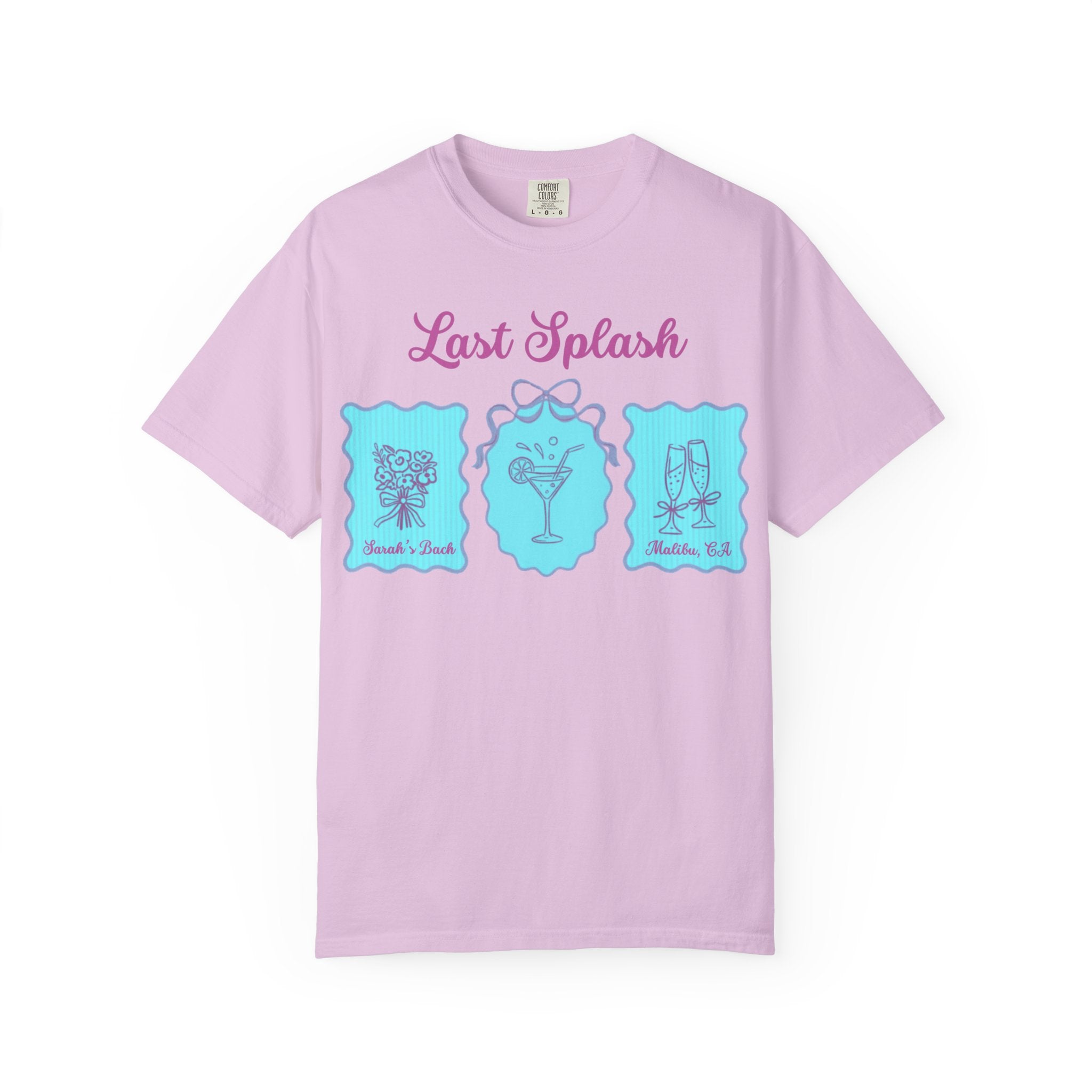 Lavender t-shirt with "Last Splash" and icons for a bachelorette party.