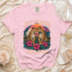 Pink t-shirt with leopards in wedding attire and "Just Married Still Wild" text.