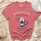 Red White & I Do bachelorette t-shirt with patriotic design and wedding details.