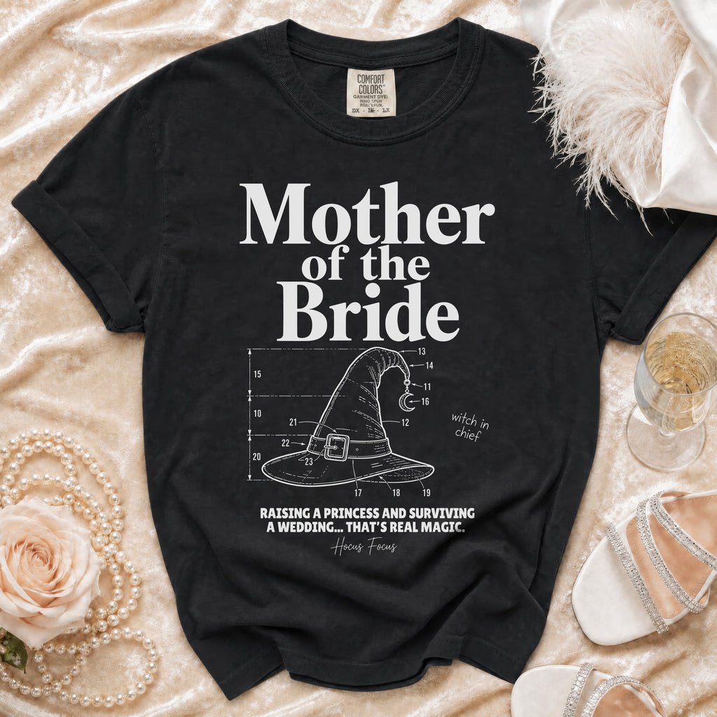 Black t-shirt with "Mother of the Bride" and witch hat design.