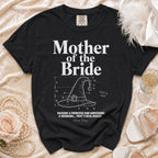 Black t-shirt with "Mother of the Bride" and witch hat design.