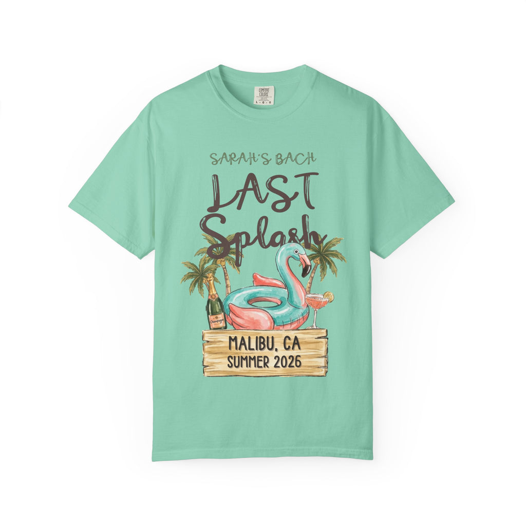 Sarah's Bach Last Splash design with flamingo, champagne, and palm trees.
