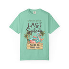 Sarah's Bach Last Splash design with flamingo, champagne, and palm trees.