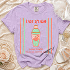 Purple t-shirt with "Last Splash" and flamingo cocktail graphic.