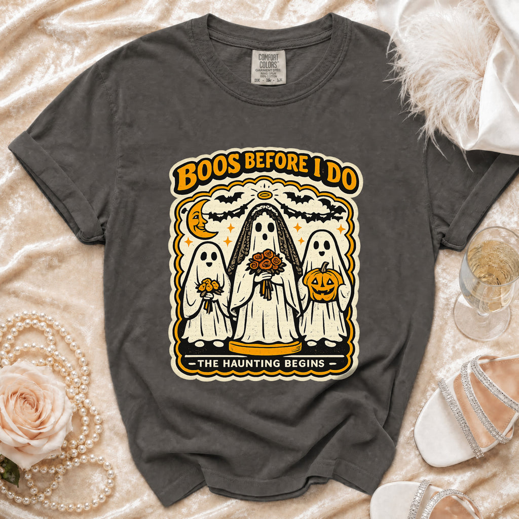 Gray t-shirt with "Boos Before I Do - The Haunting Begins" graphic.