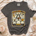 Gray t-shirt with "Boos Before I Do - The Haunting Begins" graphic.