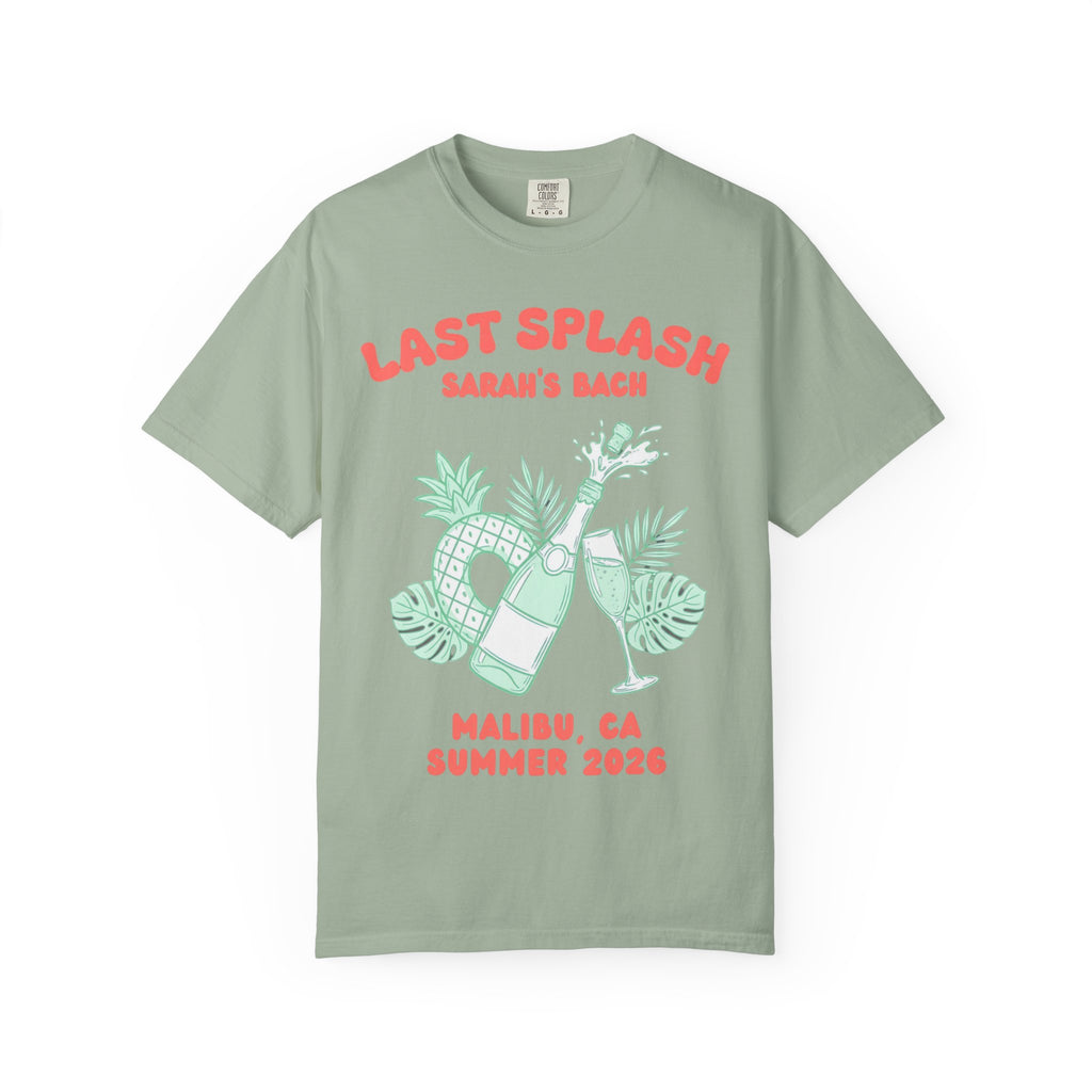 Sage green t-shirt with "Last Splash" and "Sarah's Bach" text, bottle, and glasses.