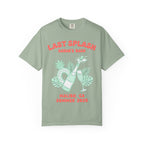 Sage green t-shirt with "Last Splash" and "Sarah's Bach" text, bottle, and glasses.