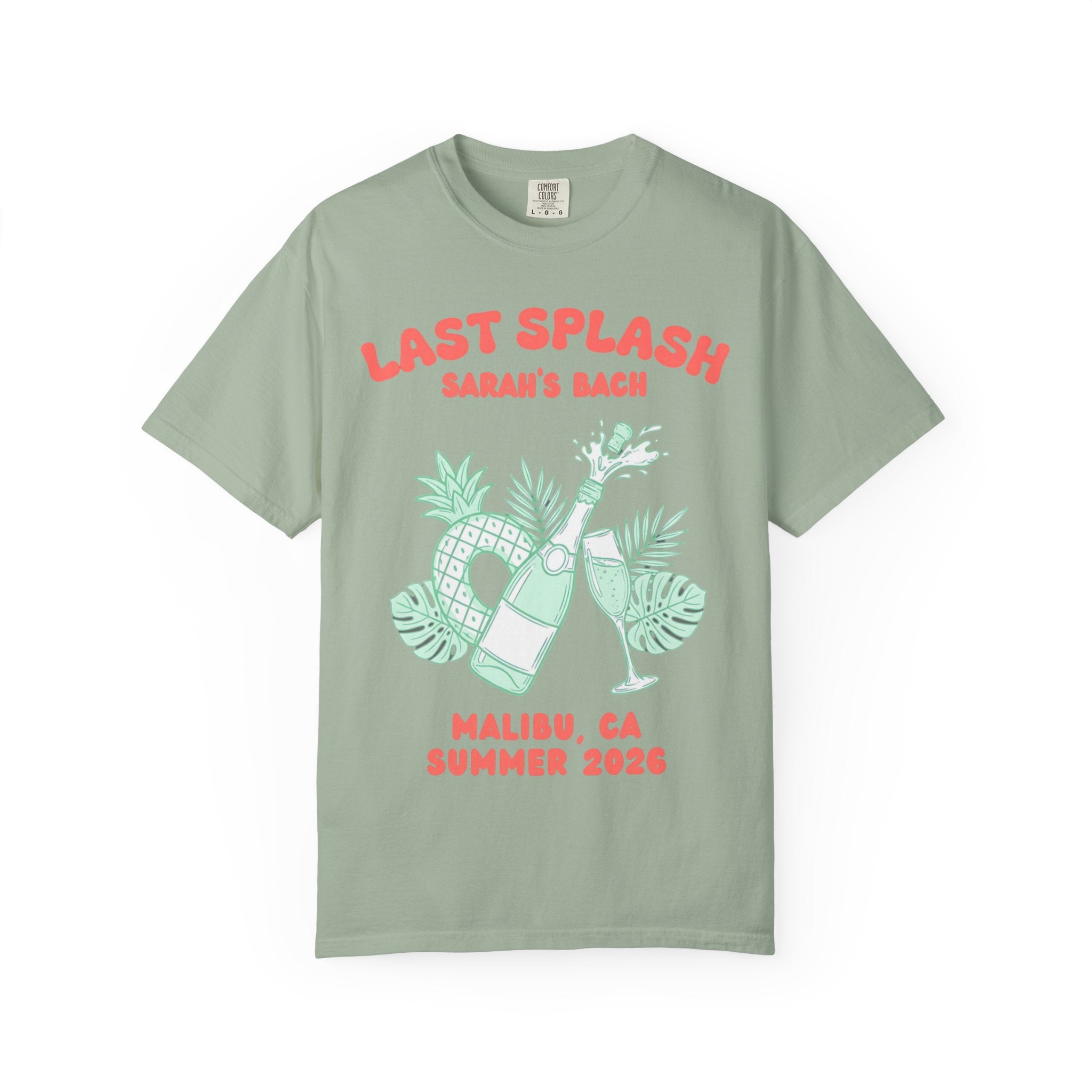 Sage green t-shirt with "Last Splash" and "Sarah's Bach" text, bottle, and glasses.