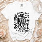 White t-shirt with skeleton bride and groom graphic, "forever & ever" text.