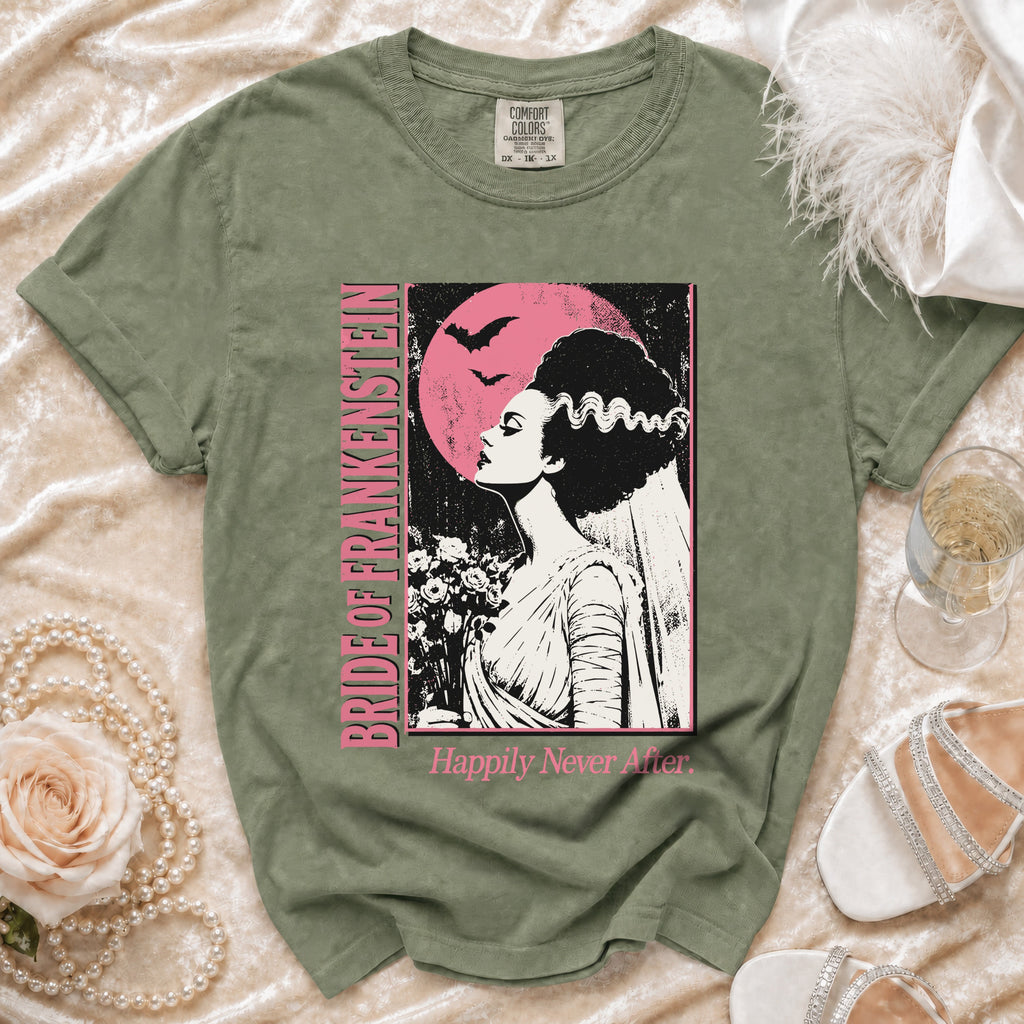 Green t-shirt with Bride of Frankenstein graphic and text "Happily Never After."