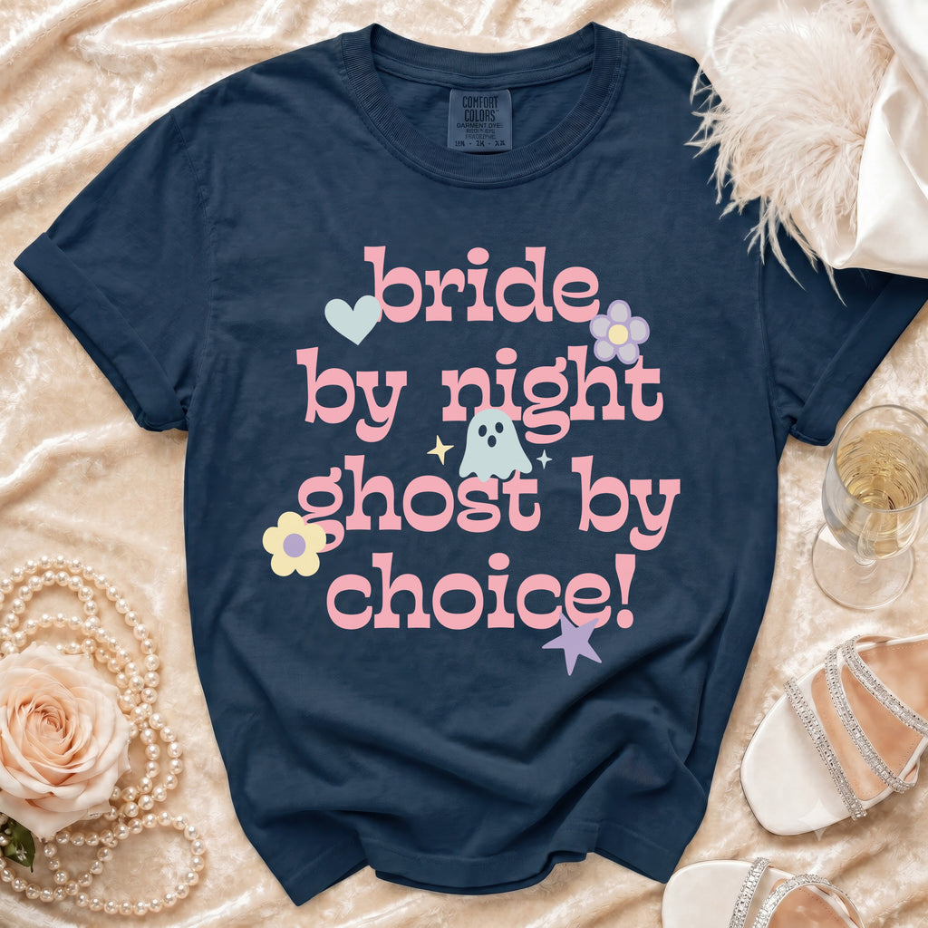 Navy t-shirt with "bride by night ghost by choice!" text and pastel graphics.