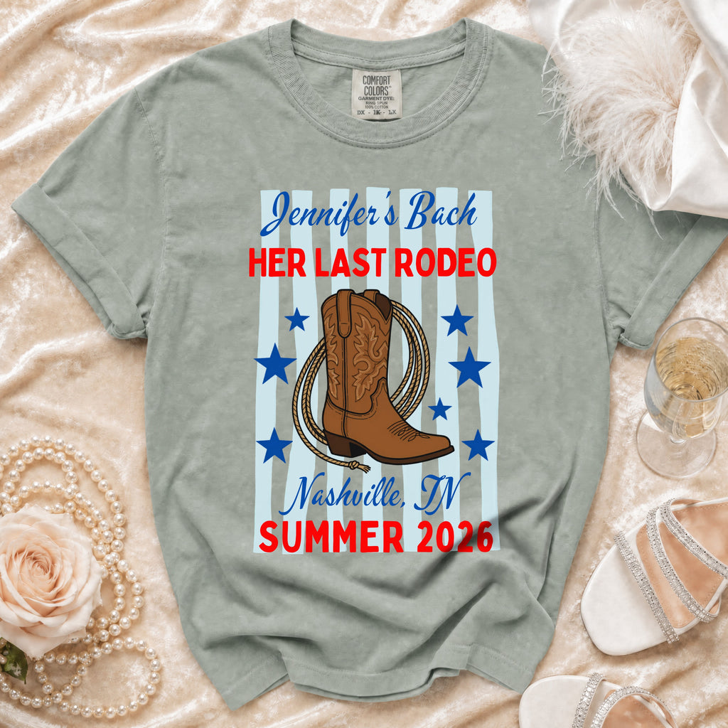 "Jennifer's Bach" "Her Last Rodeo" text on t-shirt with cowboy boot, rope, and stars.