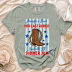 "Jennifer's Bach" "Her Last Rodeo" text on t-shirt with cowboy boot, rope, and stars.