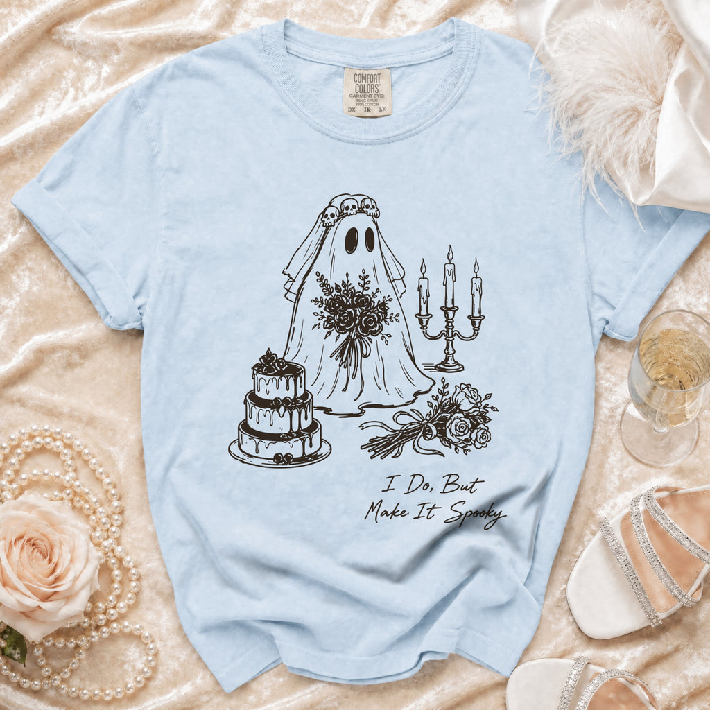 Light blue t-shirt with spooky ghost bride graphic and "I Do, But Make It Spooky" text.