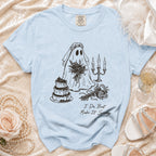 Light blue t-shirt with spooky ghost bride graphic and "I Do, But Make It Spooky" text.