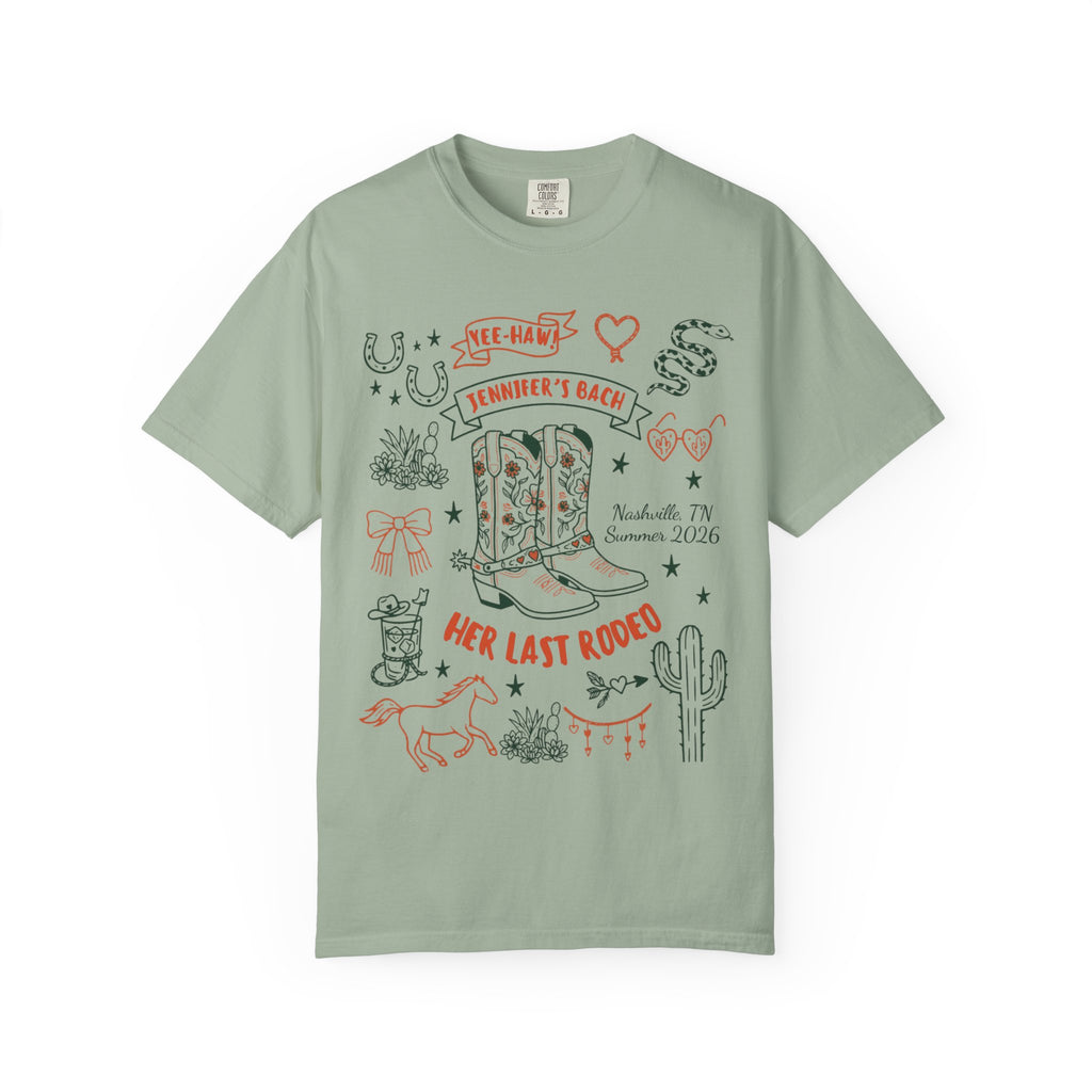 T-shirt with "Jennifer's Bach Her Last Rodeo Nashville TN Summer 2026" design.