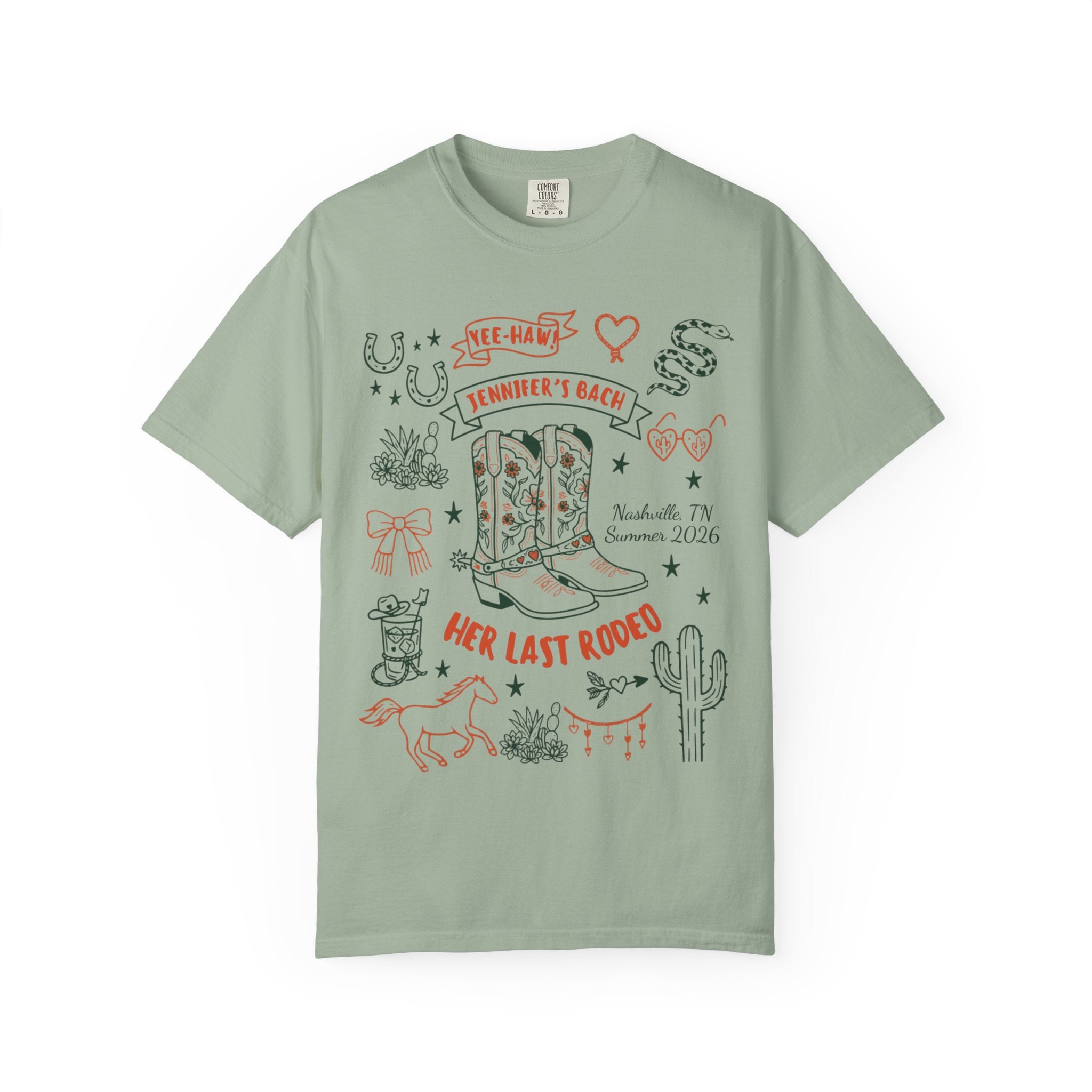 T-shirt with "Jennifer's Bach Her Last Rodeo Nashville TN Summer 2026" design.