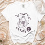 White t-shirt with ghost bride graphic and "Til Death Do Us Part" text.