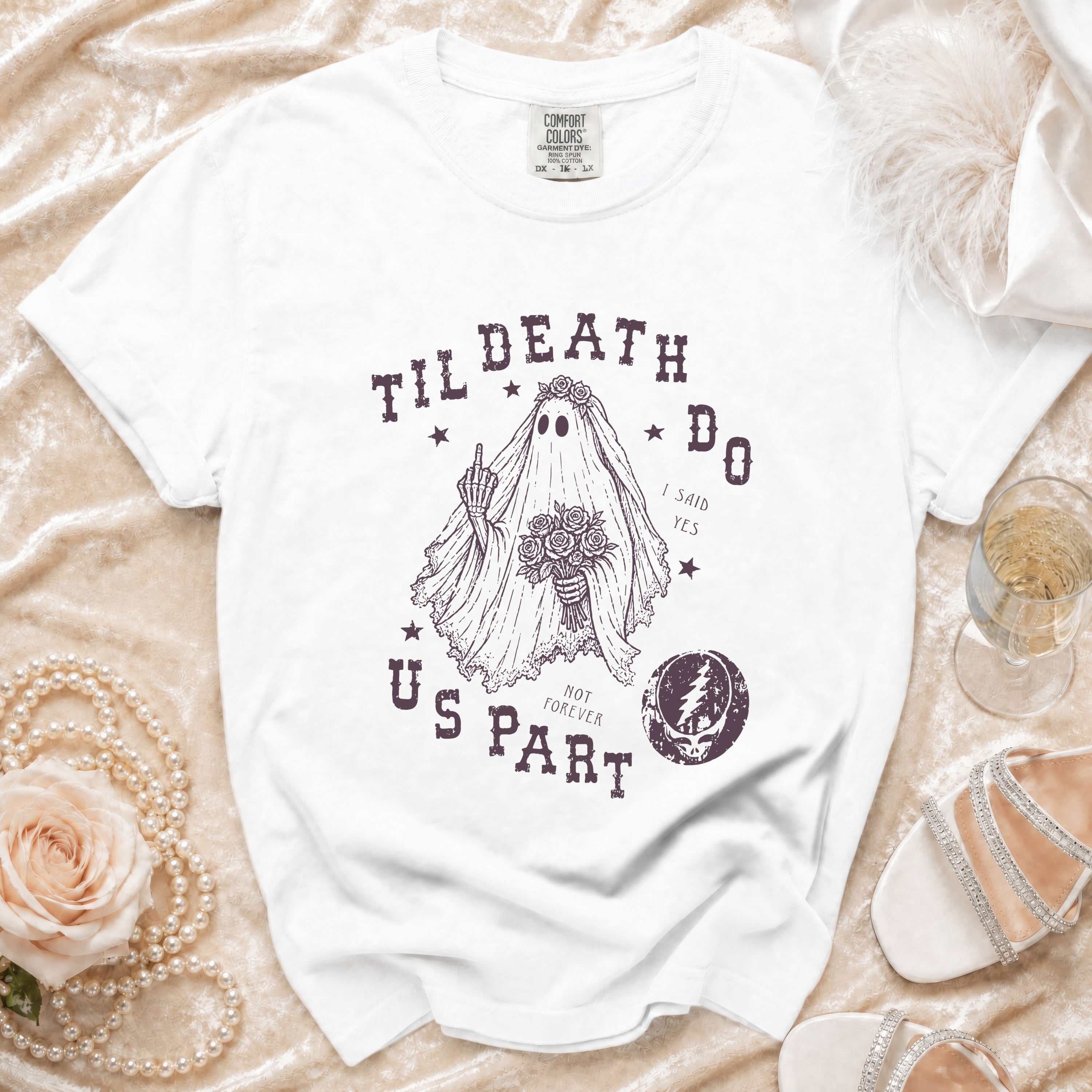 White t-shirt with ghost bride graphic and "Til Death Do Us Part" text.