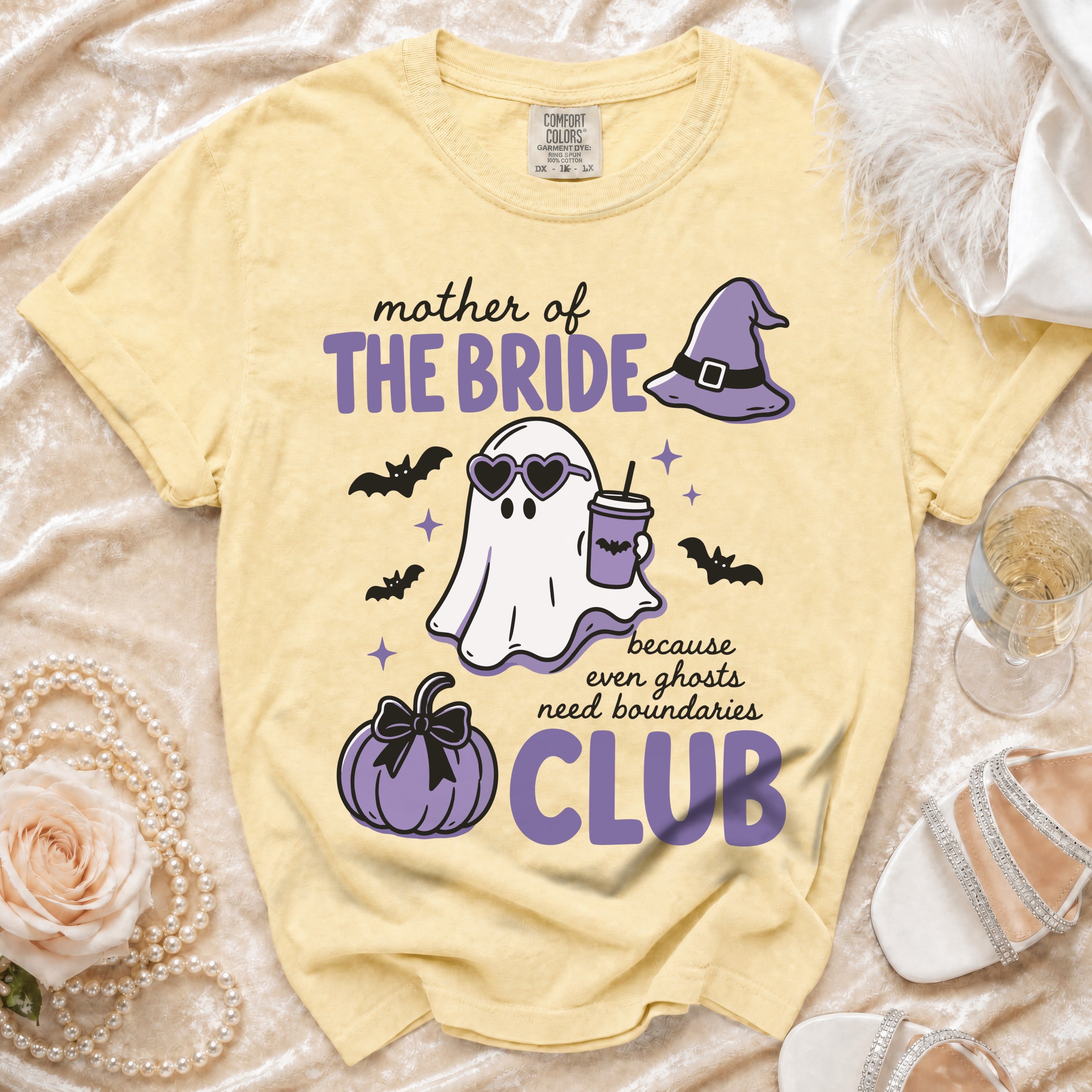 Yellow Comfort Colors t-shirt with "Mother of the Bride CLUB" and ghost graphics.