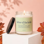 Candle labeled "father of the bride" with its definition and VOWED logo.