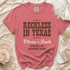 Rose t-shirt with "Reckless in Texas" and "Olivia's Bach" text.
