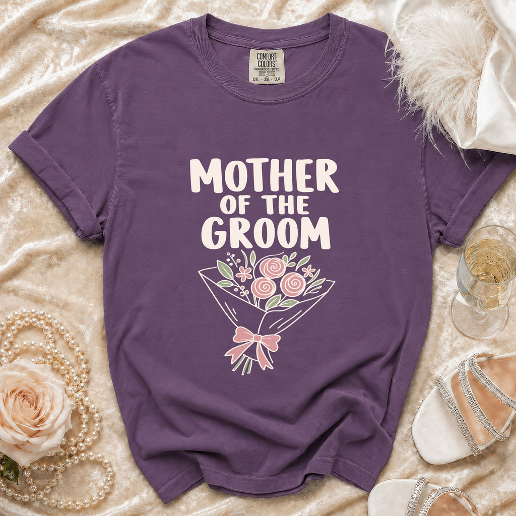 Purple t-shirt with "Mother of the Groom" text and floral bouquet graphic.