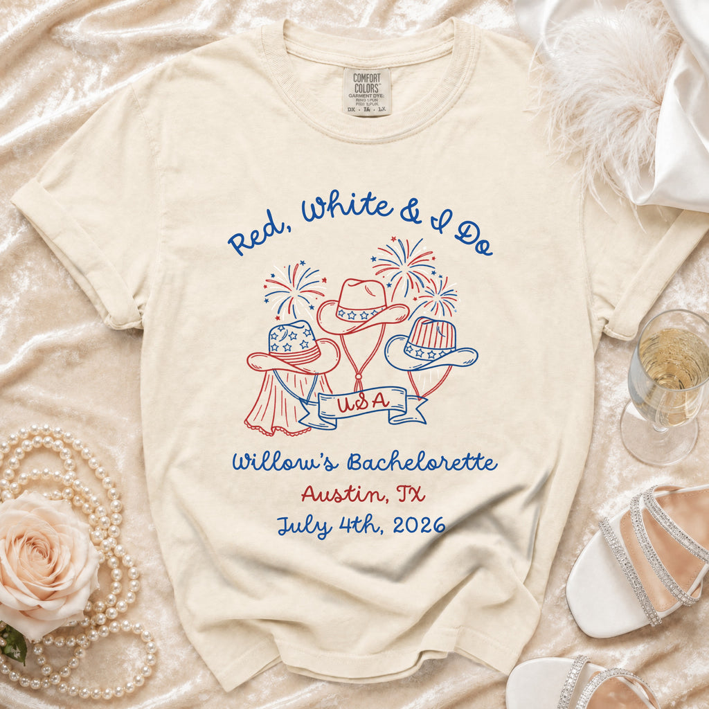 Red, white, and blue graphic on a cream t-shirt for Willow's Bachelorette.