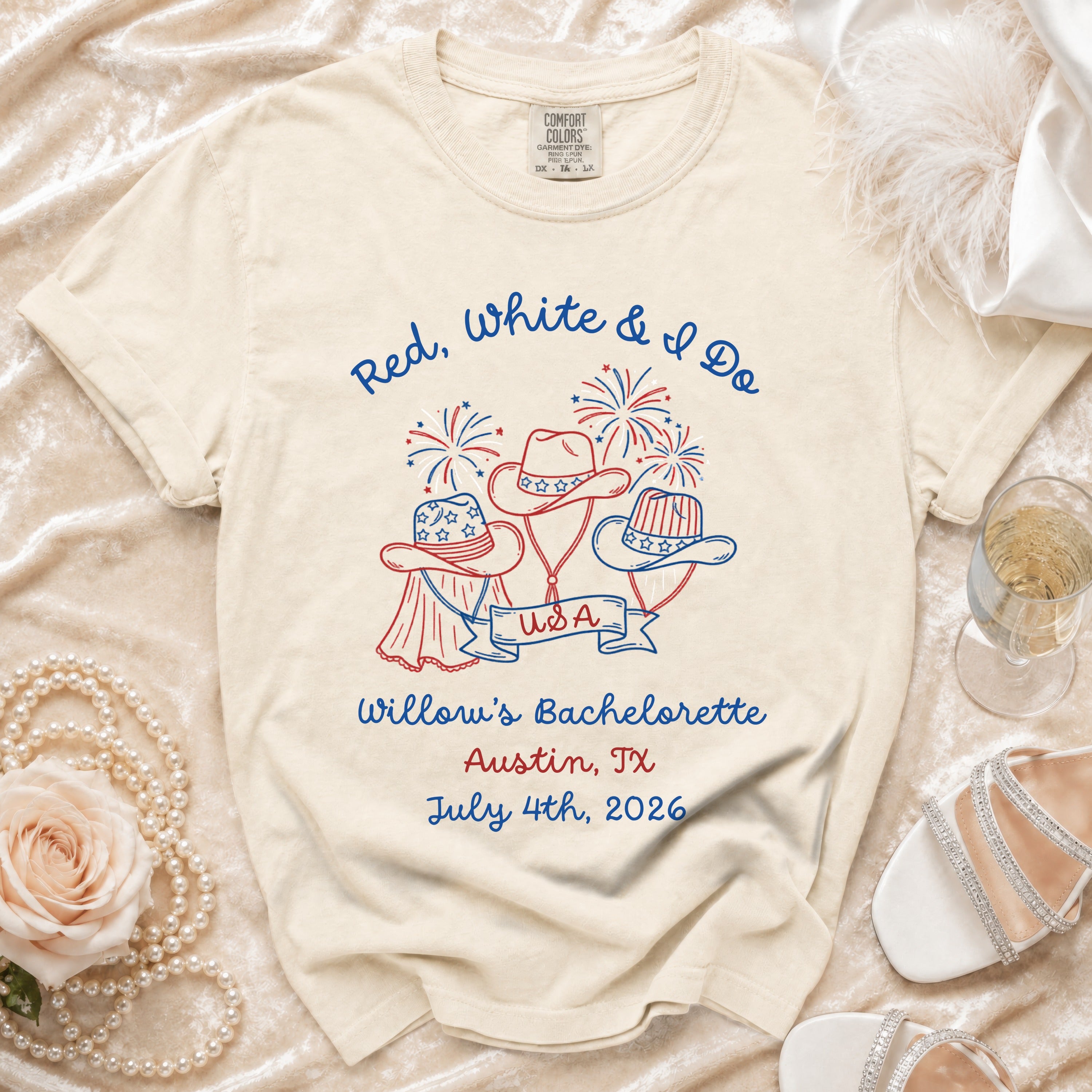 Red, white, and blue graphic on a cream t-shirt for Willow's Bachelorette.