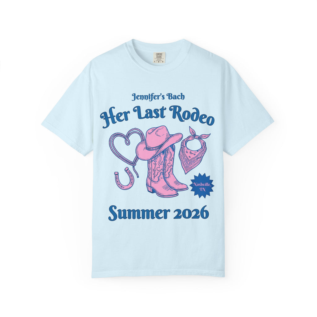 Light blue t-shirt with "Jennifer's Bach Her Last Rodeo Nashville, TN Summer 2026" and cowboy graphics.