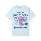 Light blue t-shirt with "Jennifer's Bach Her Last Rodeo Nashville, TN Summer 2026" and cowboy graphics.