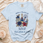 Light blue t-shirt with "Willow's Bachelorette" and patriotic graphics.