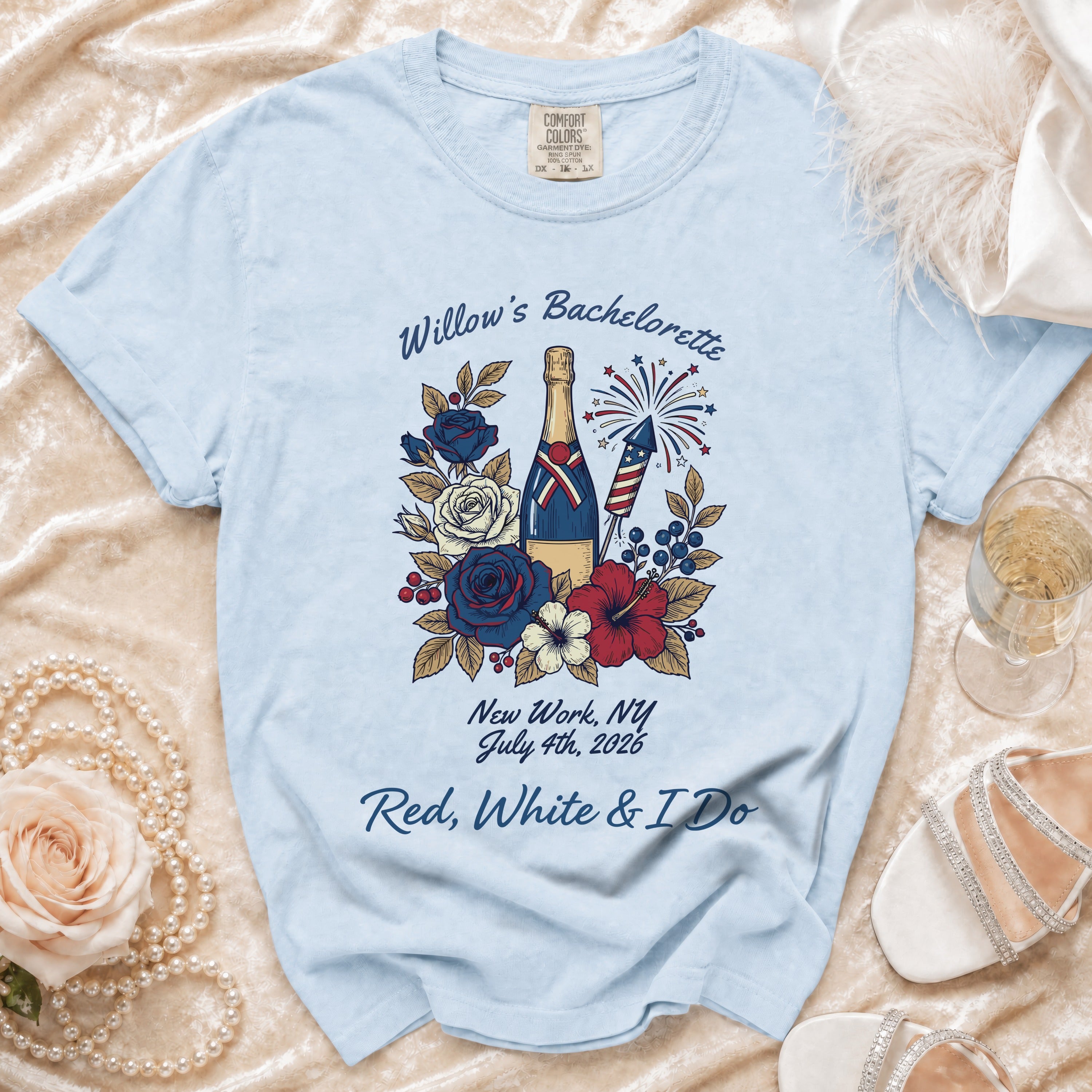 Light blue t-shirt with "Willow's Bachelorette" and patriotic graphics.