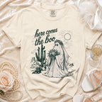 Cream t-shirt with ghost bride in desert graphic and text "here comes the boo".