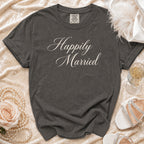 Gray t-shirt with "Happily Married" in elegant script text.
