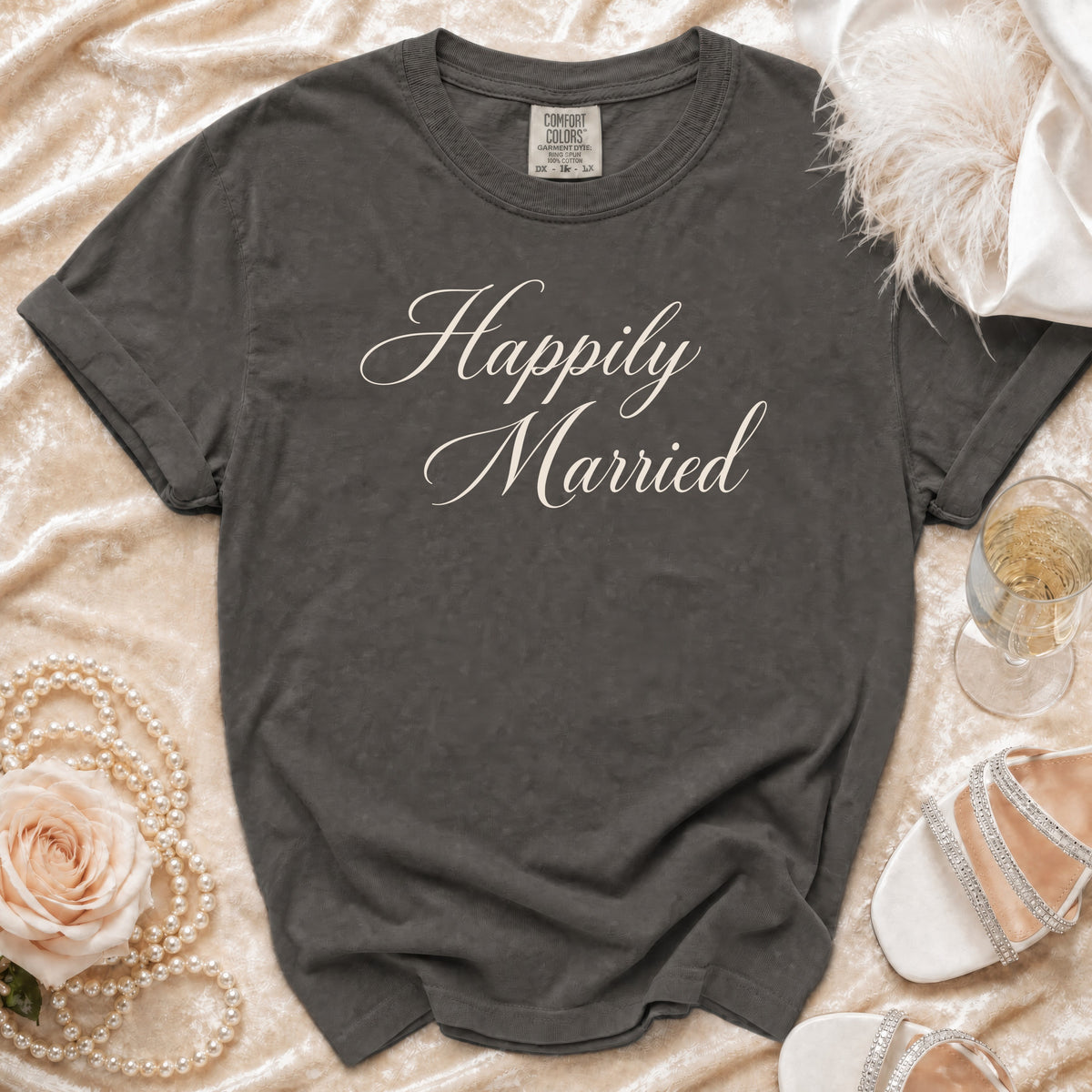 Gray t-shirt with "Happily Married" in elegant script text.
